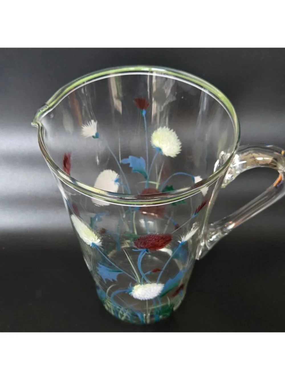 Vintage 1940s Glass Pitcher w/Hand Painted Clover, Floral Pitcher, Czech Glass,